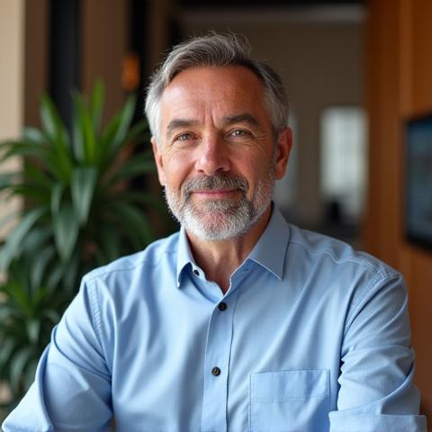 Dr. Lorenzo Bianchi, fondatore di Onda Salutis, in una posa pensosa ma ispirata, in un ambiente che evoca innovazione e natura.