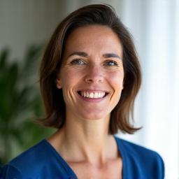 Elena Moretti, Psicologa specializzata in mindfulness, in un ambiente calmo e naturale.