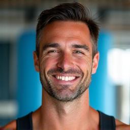 Marco Ferrari, Fisioterapista e istruttore di fitness sorridente, in una palestra moderna e luminosa.