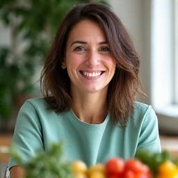 Sofia Rossi, Dietologa nutrizionista con un sorriso accogliente, in un ambiente luminoso con erbe aromatiche.