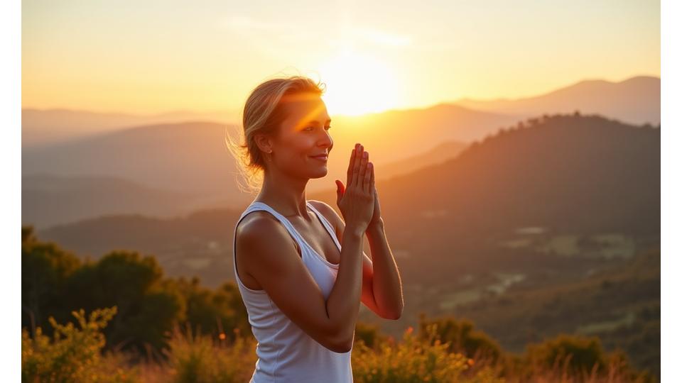 Donna sorridente che pratica yoga all'alba, simbolo di benessere e armonia.