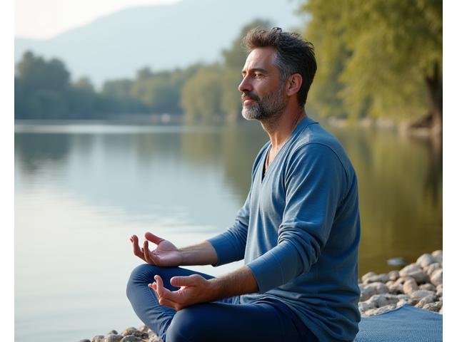 Uomo rilassato che pratica meditazione all'aperto