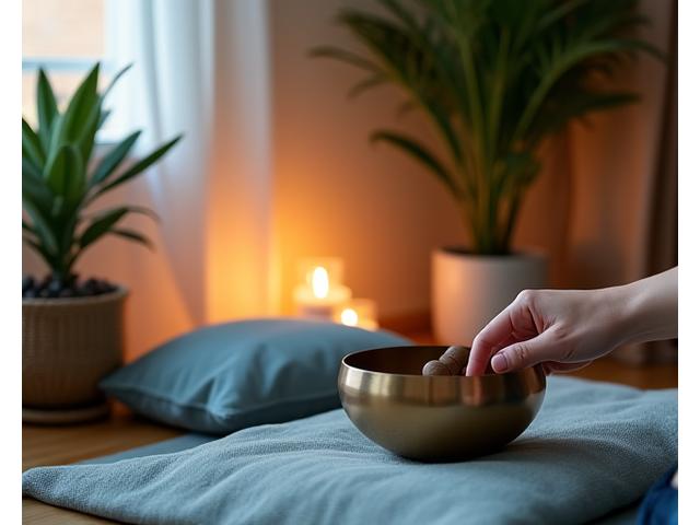 Un angolo tranquillo per la meditazione, creato con cuscini, candele e piante domestiche, suonando una campana tibetana.
