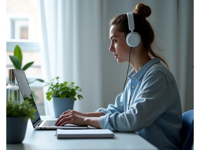 Persona concentrata a lavorare in uno spazio ben organizzato, che simboleggia l'aumento della produttività.