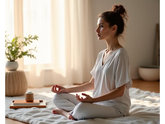 Donna in posizione meditativa serena, circondata da diffusori di oli essenziali e un diario.