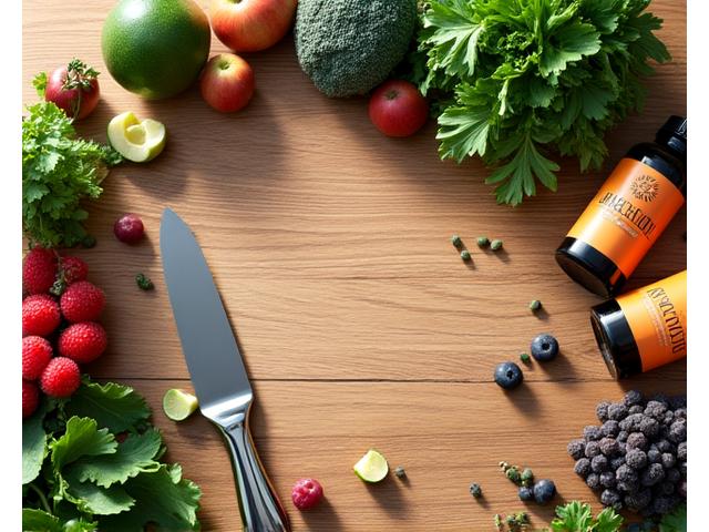 Superfood colorati e integratori su una tavola in legno, che simboleggiano l'arricchimento nutrizionale.