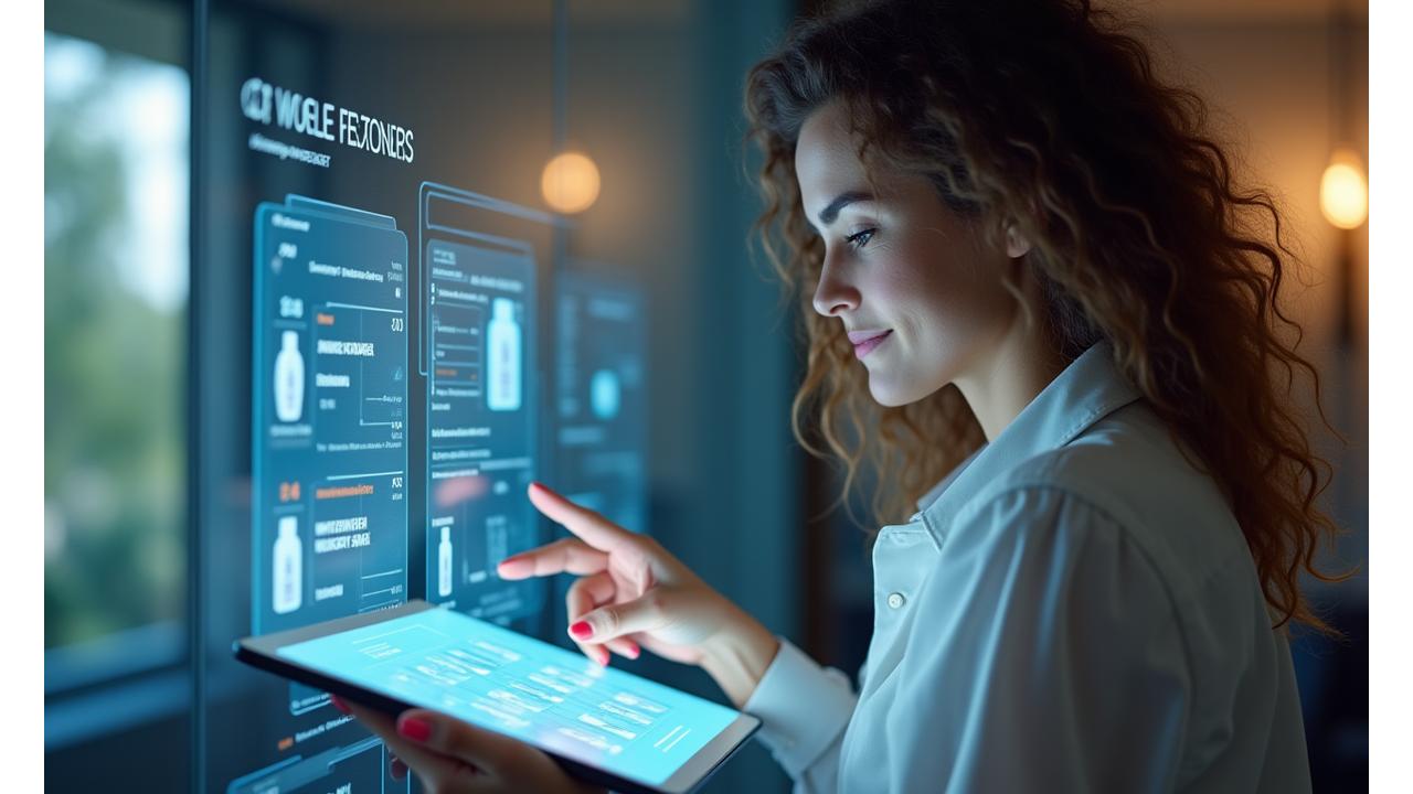 Interfaccia digitale che mostra raccomandazioni di prodotti personalizzate per il benessere, con un utente che interagisce.