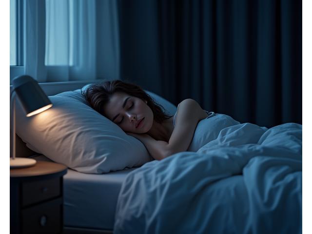 Donna che dorme serenamente in una stanza buia, con prodotti per l'ottimizzazione del sonno.