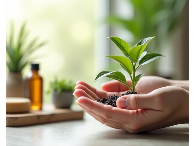 Mani che tengono una piccola pianta che germoglia, su uno sfondo di prodotti eco-sostenibili e materiali naturali.