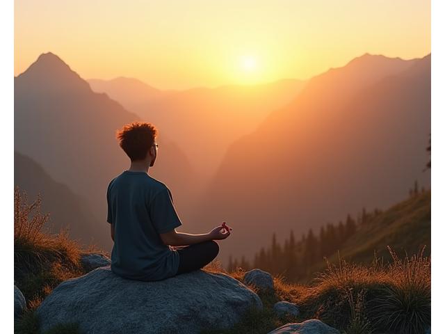 Persona immersa in una profonda sessione di meditazione in un contesto naturale, montagne sullo sfondo.