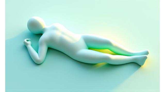 Persona sdraiata, immagine stilizzata del corpo con onde di energia che indicano rilassamento.