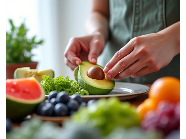 Una mano che taglia con cura un avocado su un tagliere in una cucina luminosa, simboleggiando l'alimentazione consapevole.