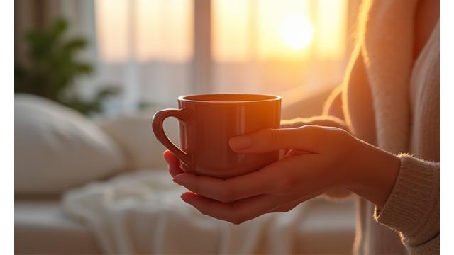 Mani che tengono una tazza di caffè o tè caldo all'alba, con luce calda che filtra attraverso una finestra.