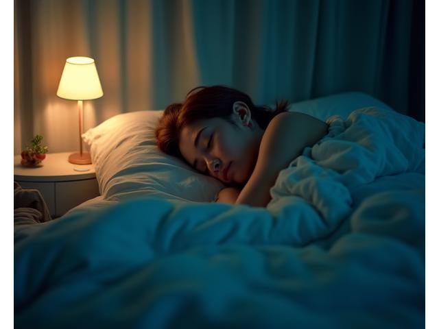 Persona che dorme serenamente in un letto avvolto in un'aura di tranquillità, con luci soffuse.