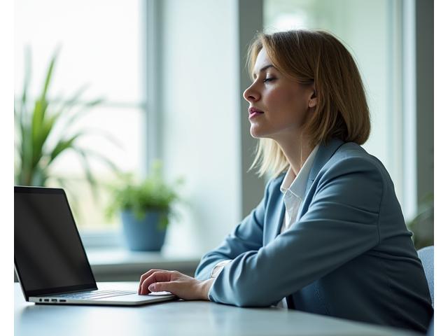 Professionista che pratica un rapido esercizio di mindfulness alla scrivania in un ufficio moderno.