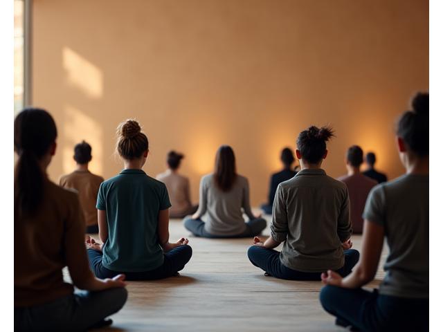 Un gruppo di persone in meditazione silenziosa in un ritiro sereno, possibilmente in una location naturale.