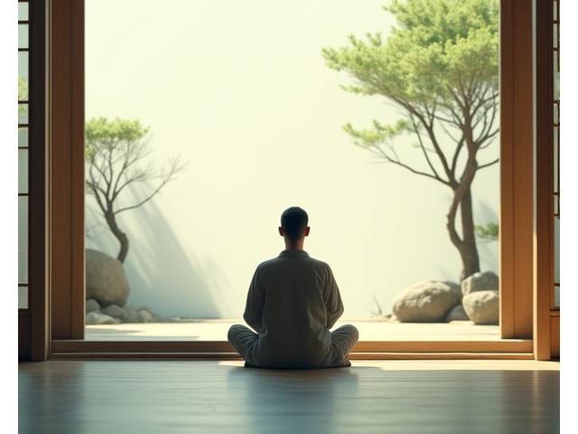 Un monaco o praticante seduto in meditazione Zen, con un'atmosfera di pace e minimalismo.