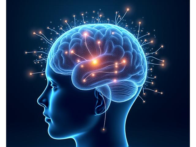 Visualizzazione astratta di un cervello umano stilizzato con connessioni luminose che rappresentano l'intelligenza artificiale che elabora i dati per insights personalizzati di benessere.