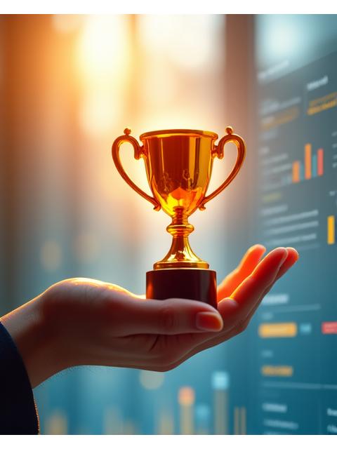 Una mano che tiene un trofeo d'oro stilizzato, simbolo di successo e raggiungimento obiettivi, con uno sfondo sfocato di una dashboard di progresso.