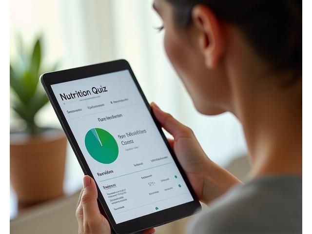 Donna che compila un quiz digitale su un tablet, mostrando un grafico a torta