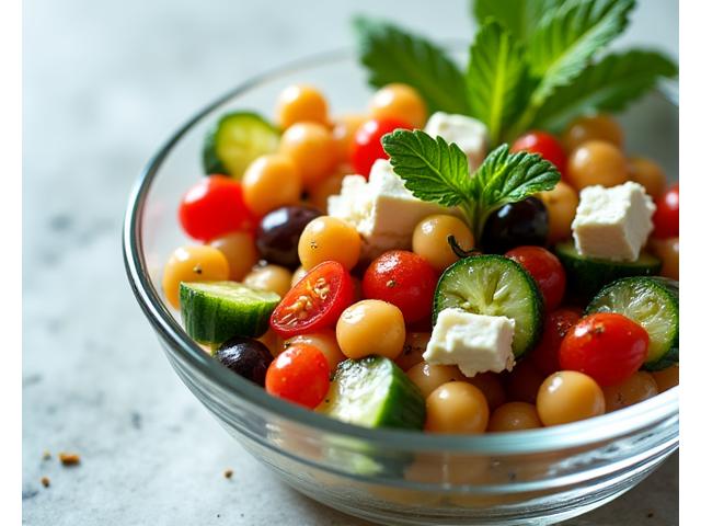 Fresca insalata colorata di ceci, verdure miste e feta greca