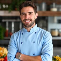 Ritratto del Nutrizionista Marco Azzurri, giovane e dinamico, con utensili da cucina