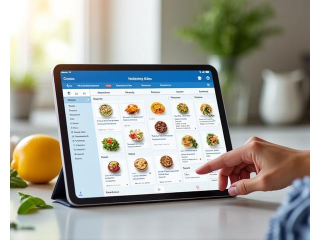 Interfaccia di un'app di pianificazione pasti su tablet, con calendario e icone di cibo