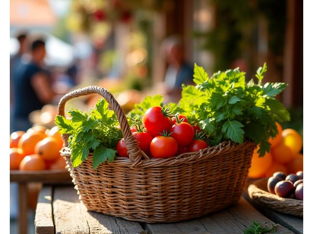 Cesto di verdure fresche e colorate appena raccolte, su un banco di mercato rurale