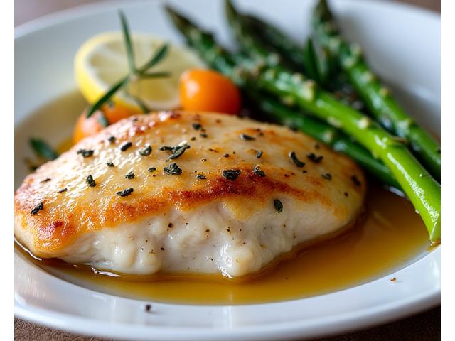 Petto di pollo al limone con asparagi verdi al vapore e patate dolci