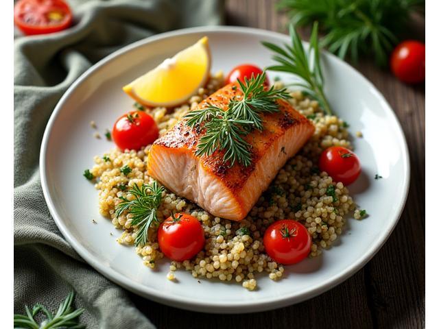 Salmone al forno con erbe aromatiche e pomodorini su letto di quinoa