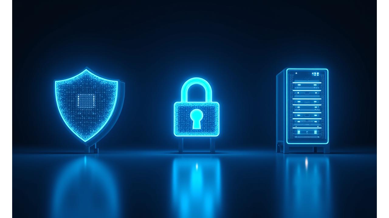 Icone stilizzate che rappresentano crittografia, autenticazione e sicurezza dei server, su sfondo scuro che suggerisce protezione